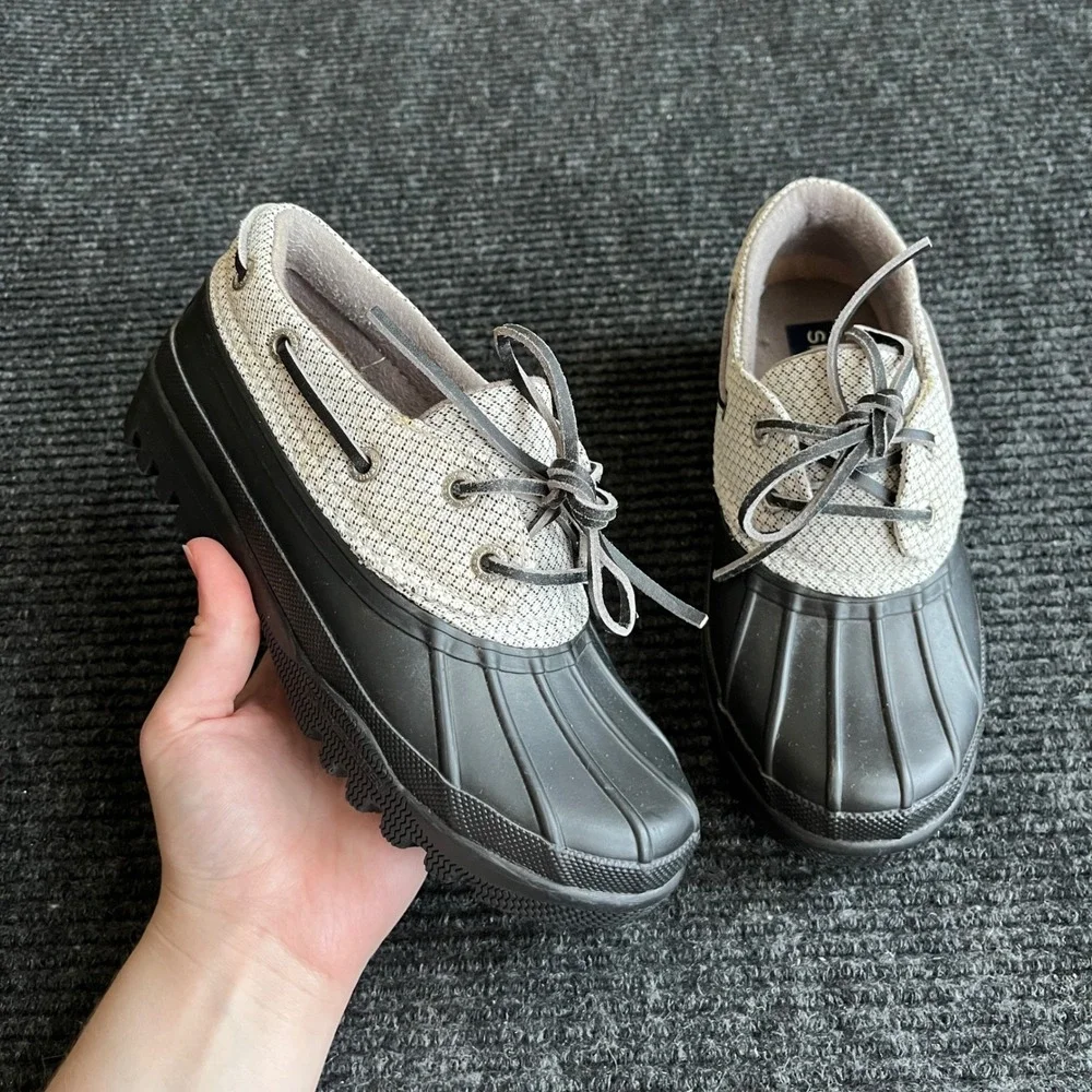 Sperry Duck Shoes Womens 5 Black Oatmeal Waterproof Saltwater Boat Rain Boots
